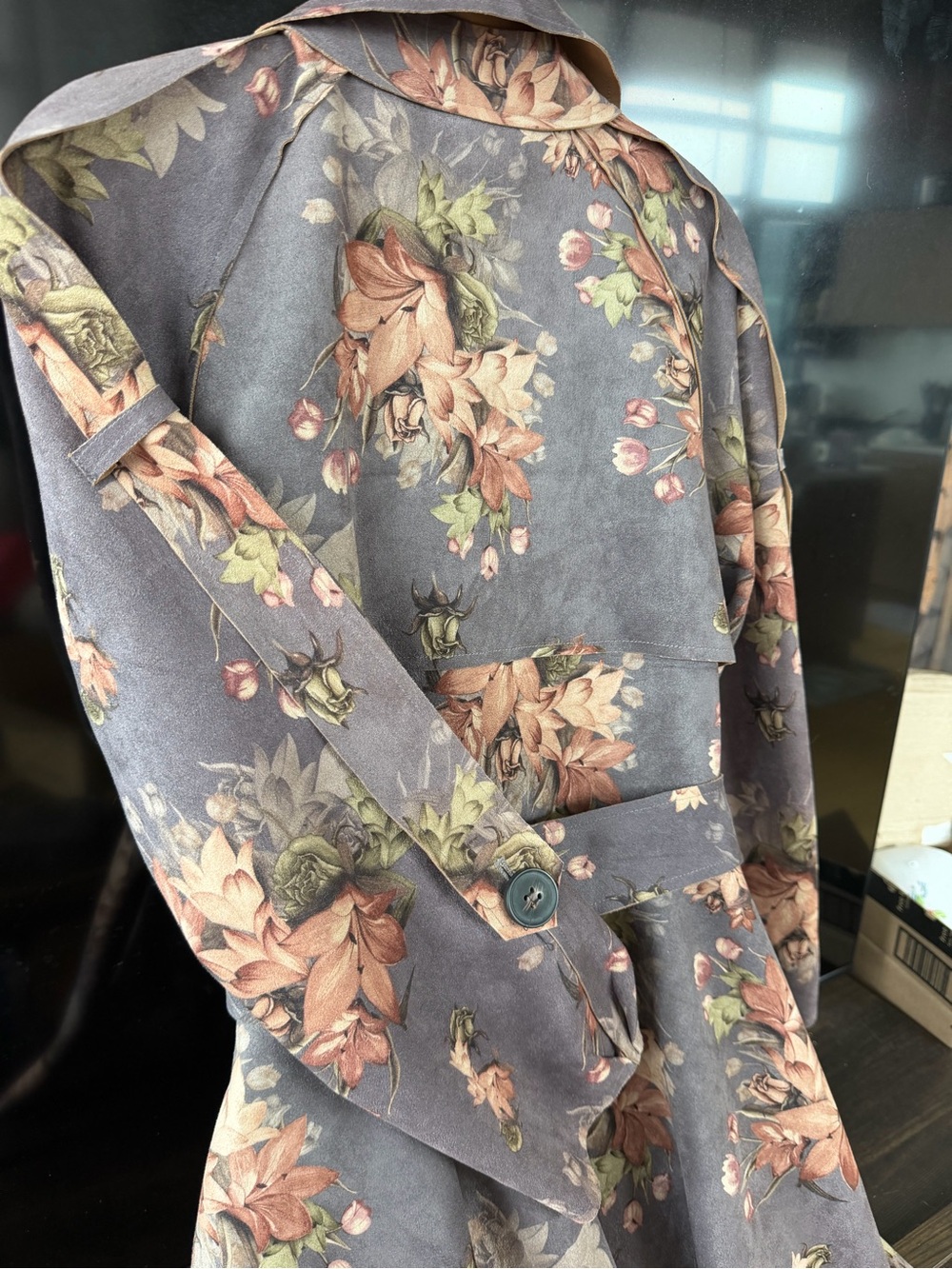 yi.ran Floral Tencel Faux Suede Trench Coat Double Breasted Midi Belted Jacket L - Picture 9 of 15